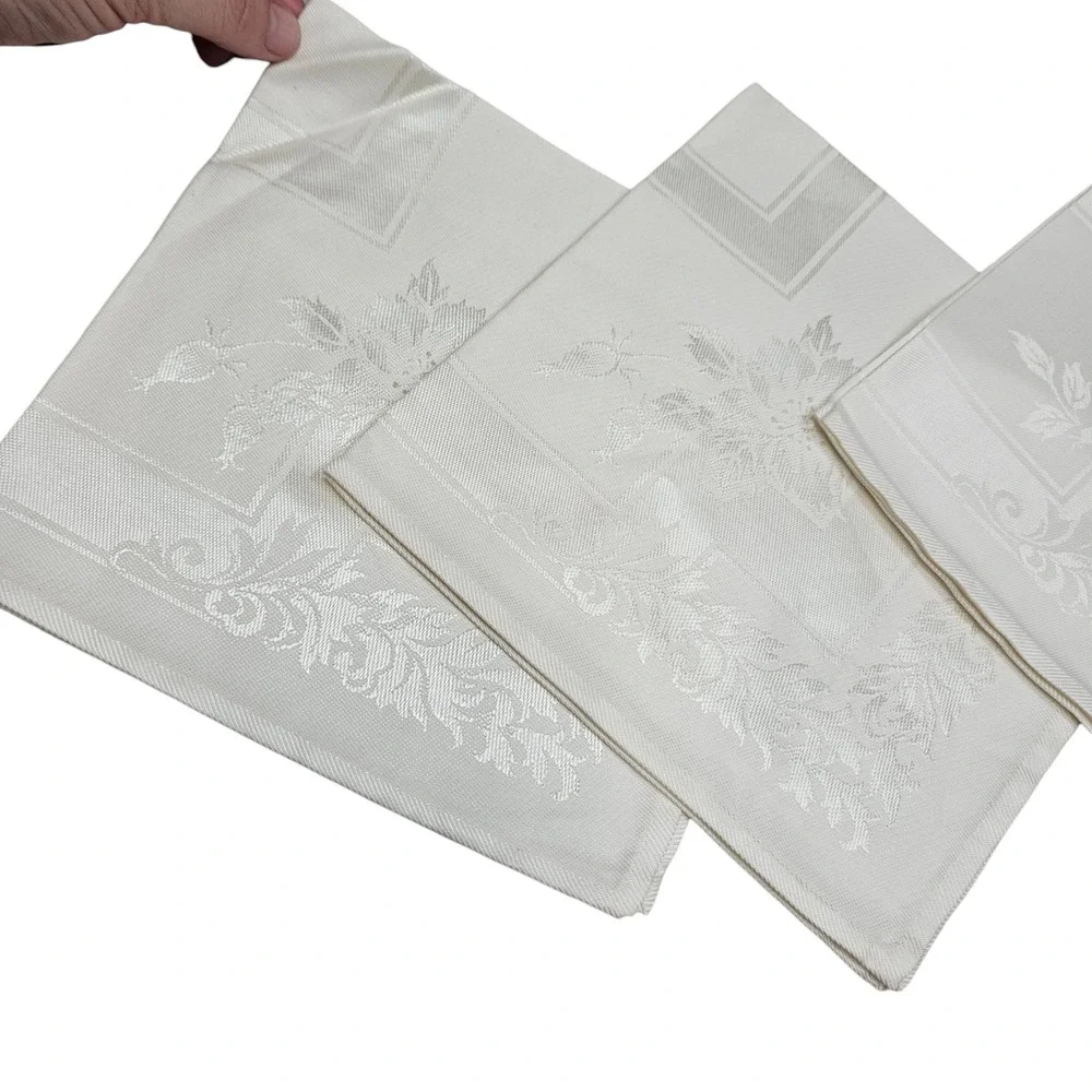 Set of 5 Damask Napkins Cotton Rayon Floral White Neutral Dinner Party‎ Japan